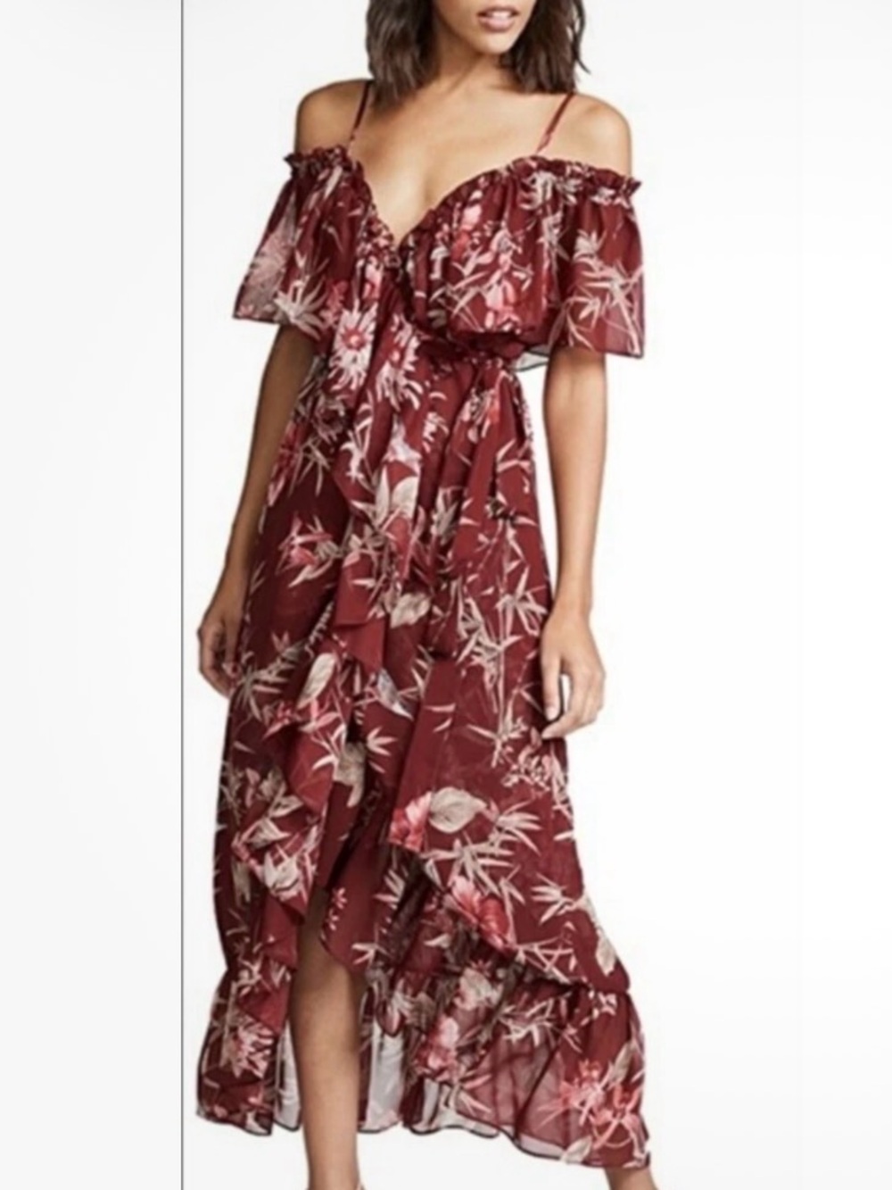 MISA Los Angeles Tayla dress ruffle neckline cascading wrap Medium